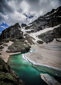 Scenic view of lake by mountains against sky