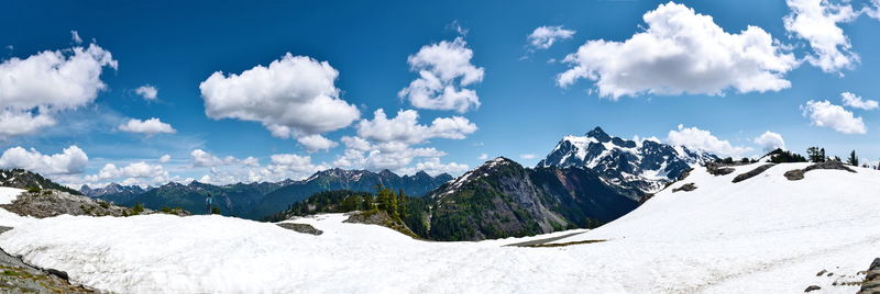 Panoramic view of snowcapped mountains against sky