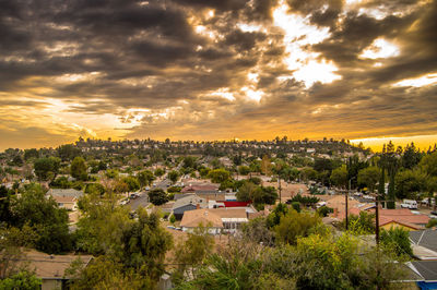 High angle view of townscape against sky during sunset