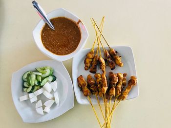 High angle view of meal served on table