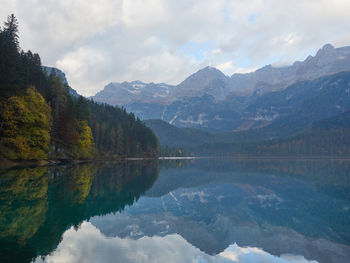 Scenic view of lake and mountains against sky
