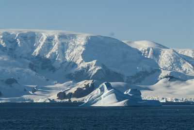 Scenic view of snowcapped mountains against clear sky