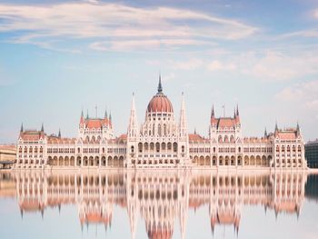 Reflection of hungarian parliament building in river against sky