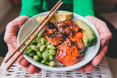 High angle view of salad in bowl on table. asian food, japanese food. 