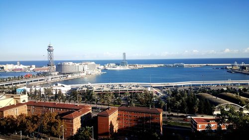 View of harbor against blue sky