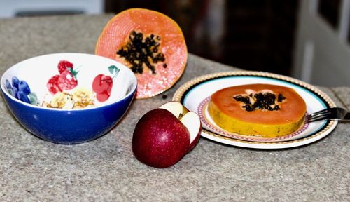 High angle view of fruits in bowl on table