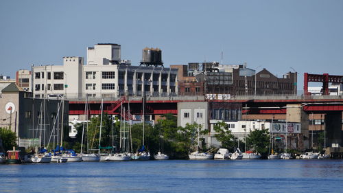 Sailboats in river by buildings against clear sky