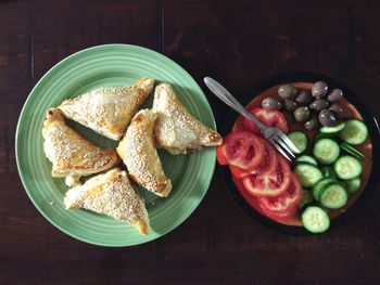 High angle view of fruits in plate on table