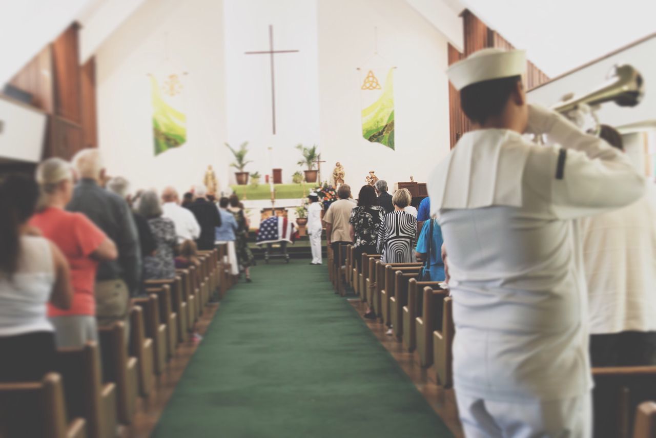 person, walking, rear view, in a row, group of people, variation, choice, repetition, aisle, large group of objects, retail, well-dressed, the way forward, day, place of worship, arrangement