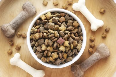 High angle view of food in bowls on table