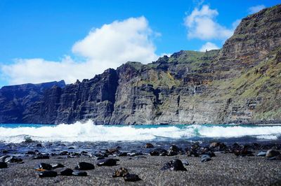 Panoramic view of sea and mountains against sky