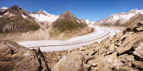 Panoramic view of snowcapped mountains against clear sky