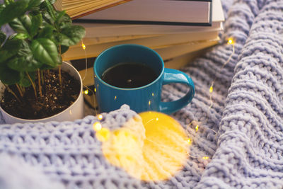 High angle view of coffee cup on table