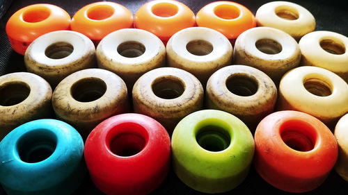 Close-up of colorful skateboard wheels