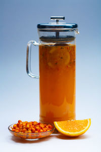 Close-up of drink in jar on table