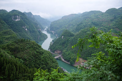 High angle view of trees and mountains
