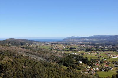 High angle view of field against clear blue sky