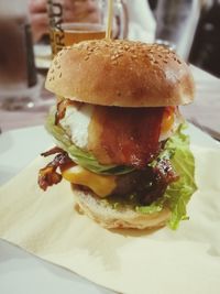 Close-up of burger in plate on table