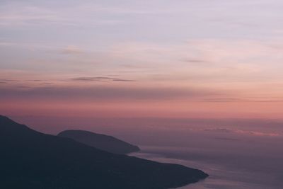 Scenic view of mountains against sky at sunset