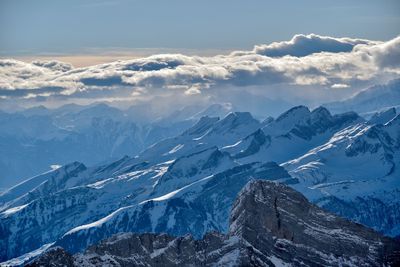 Aerial view of snowcapped mountains against sky