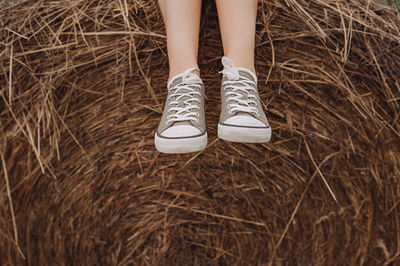 Styled green shoes on woman and on dry haystack. autumn atmospheric