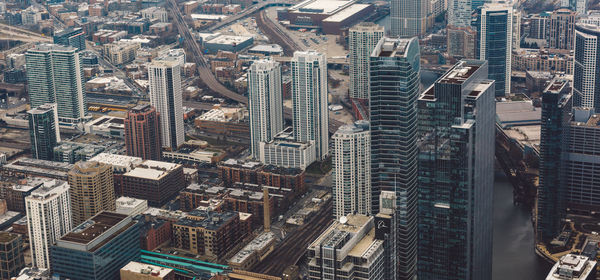 High angle view of modern buildings in city