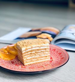 Close-up of cake slice in plate on table