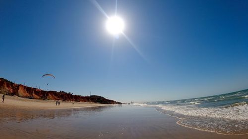 Scenic view of sea against clear sky on sunny day