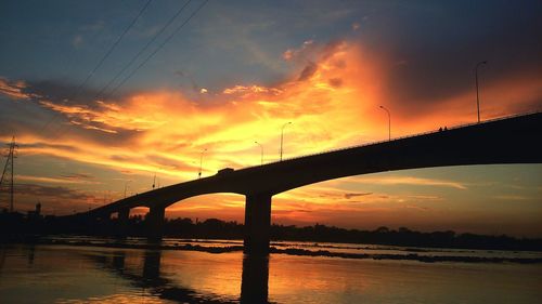 Silhouette bridge over river against sky during sunset