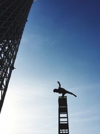 Low angle view of silhouette man on pole by tokyo sky tree against sky