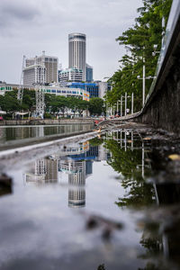 Bridge over river by buildings against sky