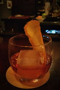 Close-up of beer in glass on table