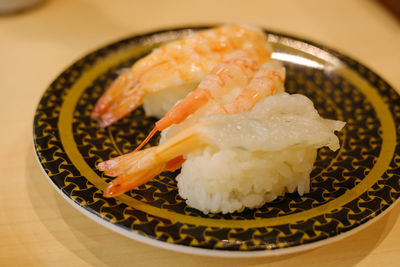 High angle view of sushi in plate on table