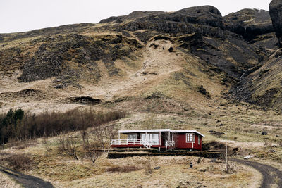 Train on railroad track against sky