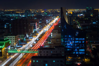High angle view of illuminated cityscape at night