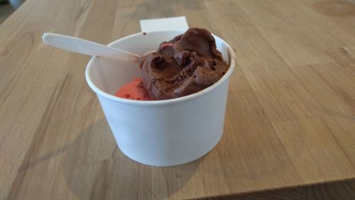 High angle view of dessert on table