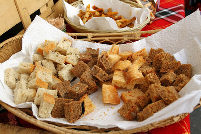 High angle view of bread in basket on table