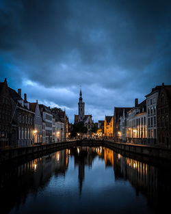 Reflection of buildings on pond in city against cloudy sky