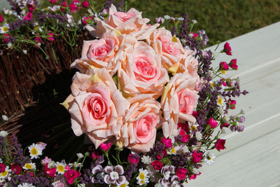 High angle view of rose bouquet
