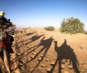 Shadow of man on sand in desert