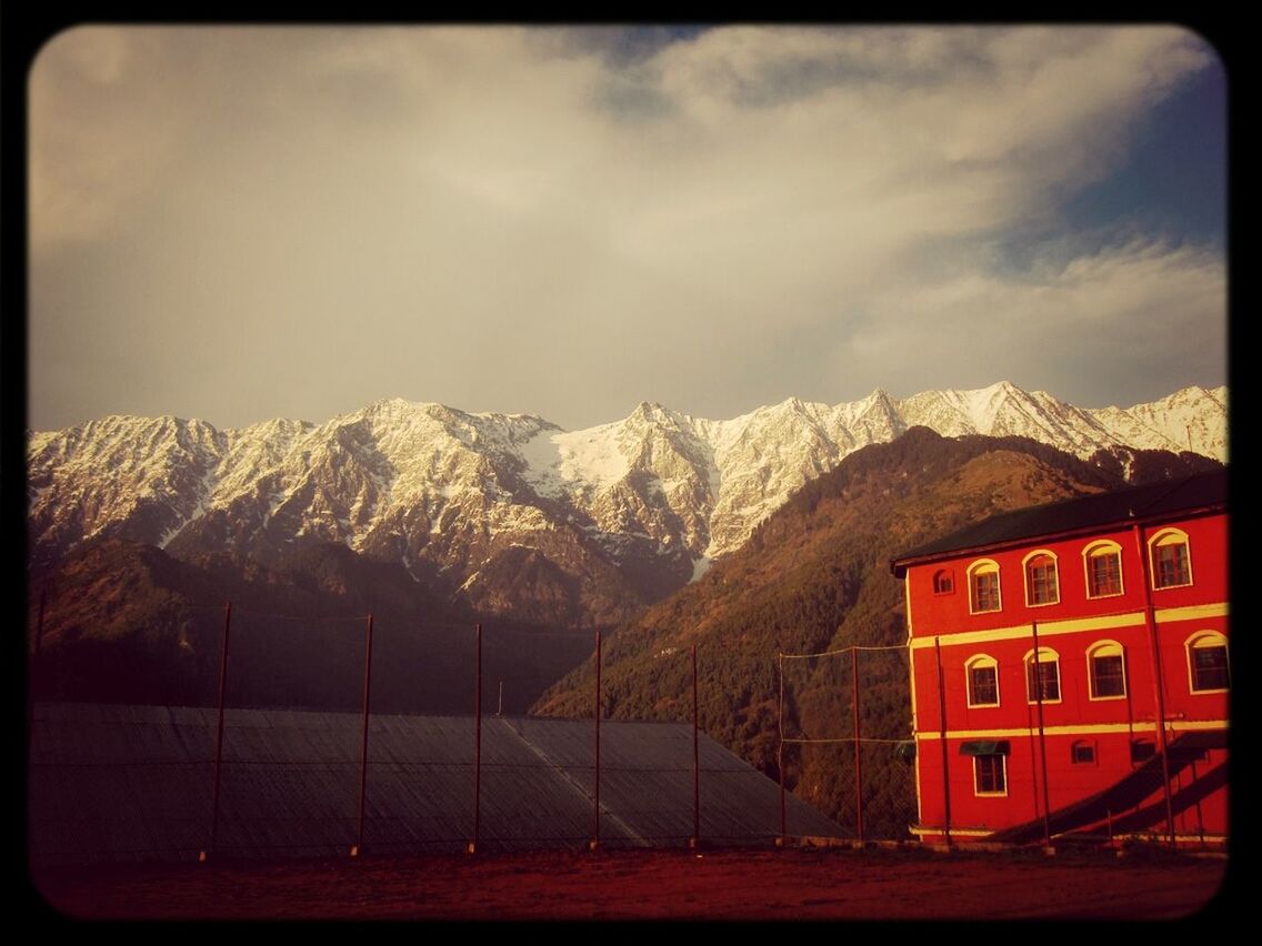 mountain, snow, winter, cold temperature, transfer print, sky, mountain range, season, weather, landscape, auto post production filter, cloud - sky, scenics, tranquil scene, snowcapped mountain, tranquility, nature, house, beauty in nature, covering