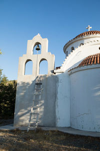 Low angle view of building against clear blue sky