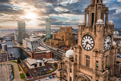 Aerial close up of the tower of the royal liver building in liverpool