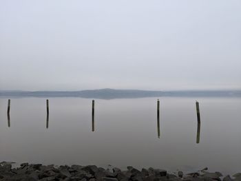 Wooden posts in sea against sky