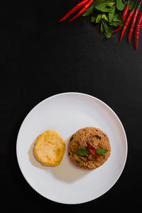 High angle view of food served on table