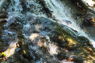 High angle view of water flowing through rocks