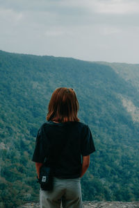 Rear view of man looking at mountains
