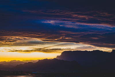 Scenic view of silhouette mountains against sky during sunset