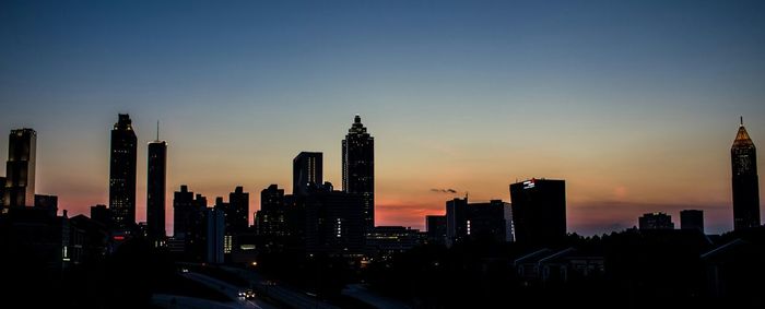 Panoramic view of buildings in city at sunset