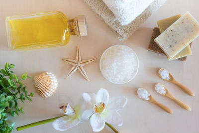 High angle view of beauty products on table